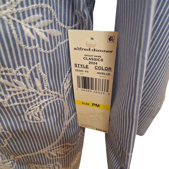 NWT Alfred Dunner Petite Medium Blue Stripe Floral Embroidered Button Blouse - Picture 2 of 3